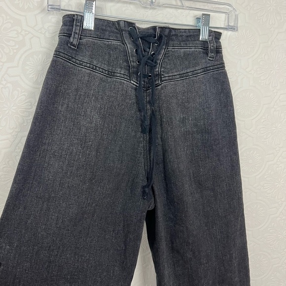 Free People CRVY Black Denim Jeans Wide Leg Cropped Tie Lace Up Waistband - Picture 6 of 10